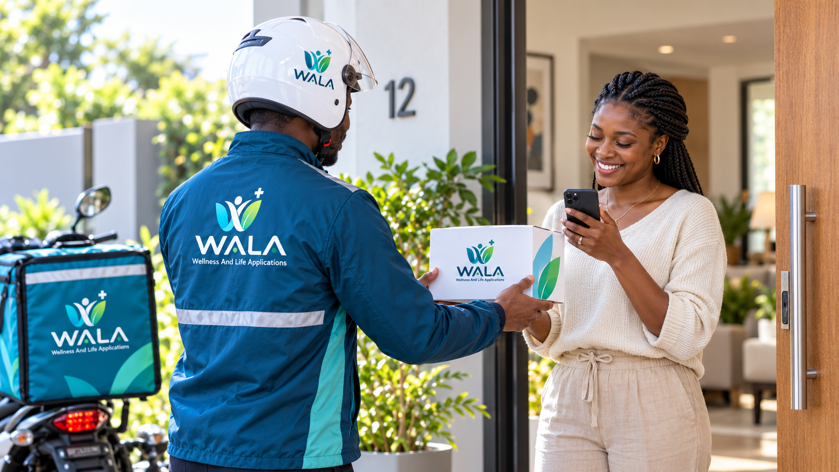 WALA rider handing a medicine parcel to a patient at her door while she confirms on her phone