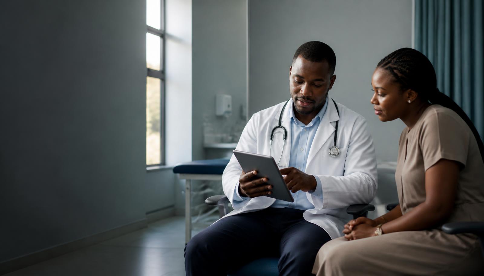 A Ghanaian doctor reviewing an electronic prescription with a patient