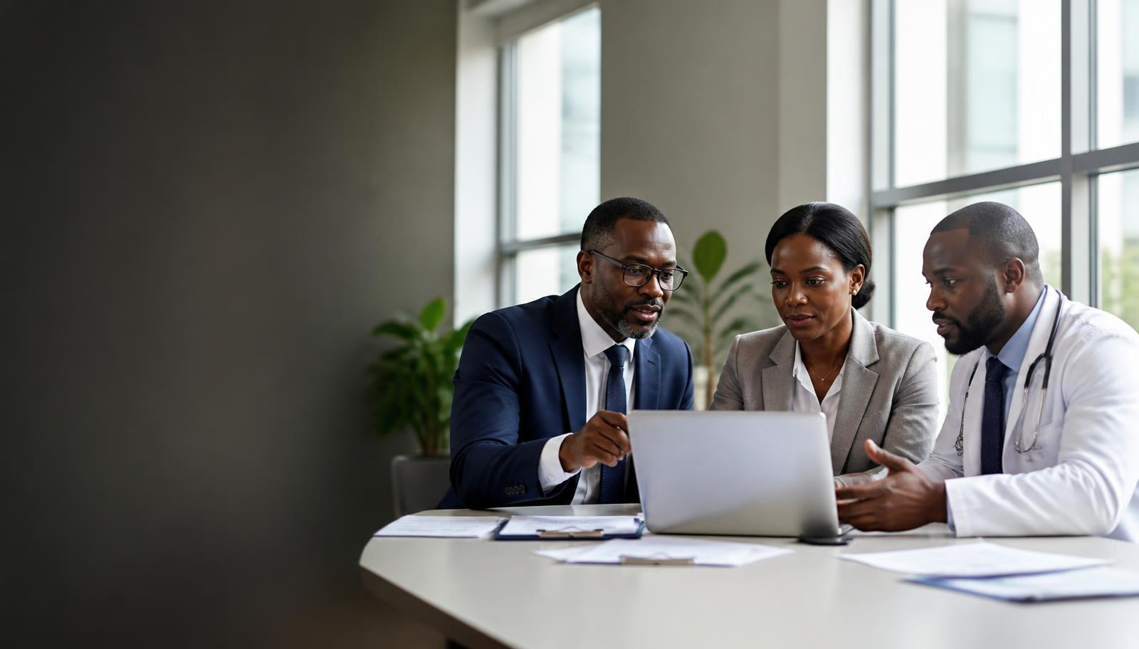Ghanaian insurance professionals and a clinician reviewing medicine coverage