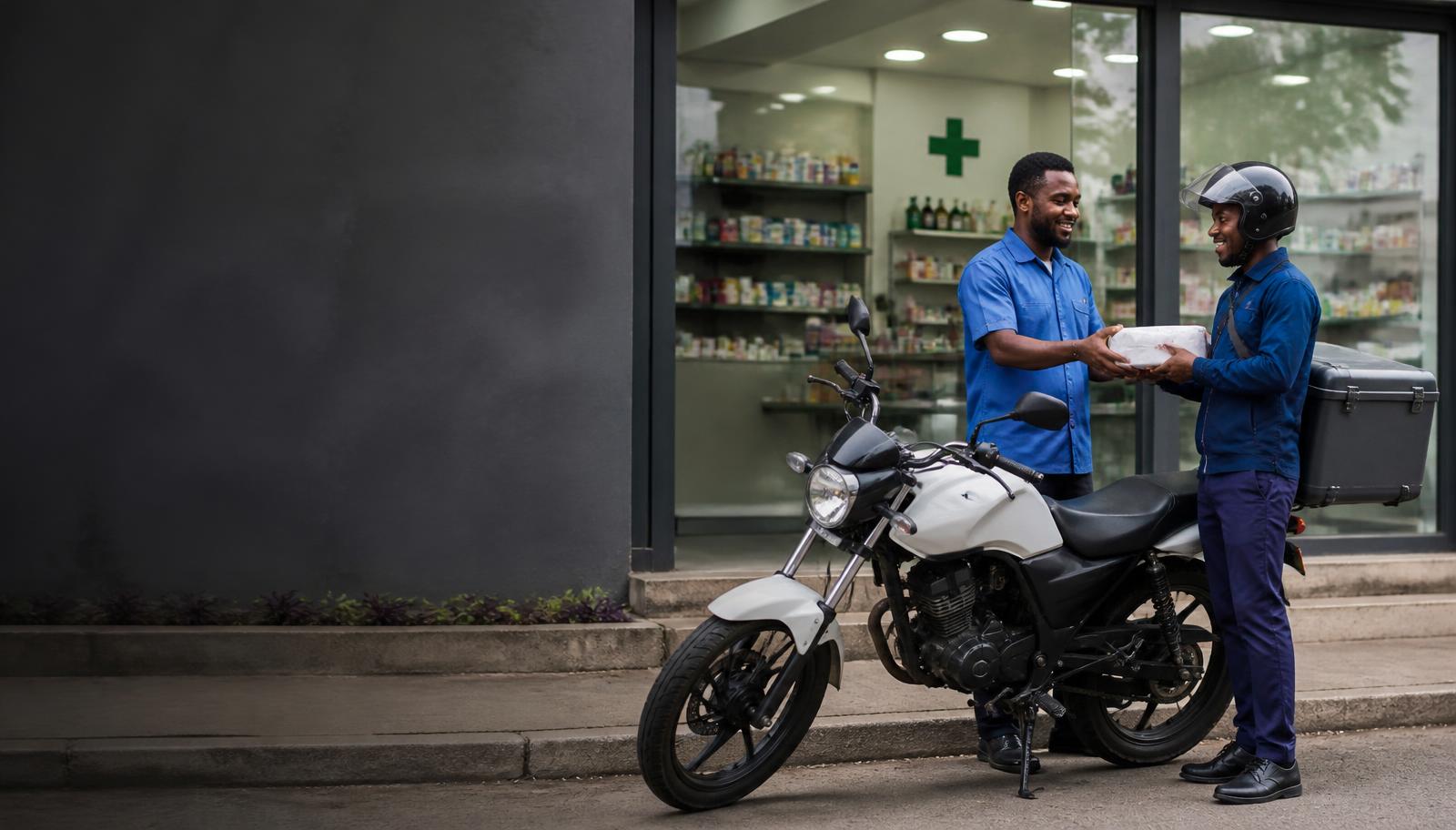 A Ghanaian medical courier collecting a sealed parcel outside a pharmacy
